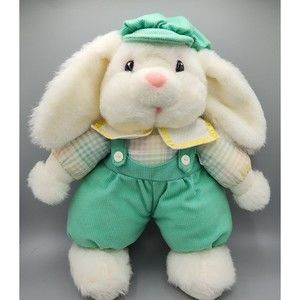 Dandee Easter Bunny Plush Rabbit VTG 1994 Green Hat Overalls Plaid Shirt